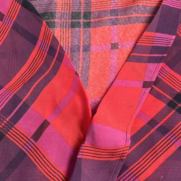 Ann Taylor LOFT Red Plaid Sheer V-Neck Blouse‎ Faux Wrap Sz SP Petite S - Picture 3 of 6
